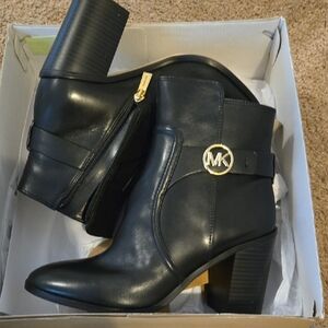 Michael Kors Black Heeled Boots with Gold MK Logo Leather